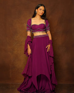 Eggplant Tasseled Layered Lehenga Set