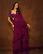 Load image into Gallery viewer, Eggplant Tasseled Ruffle Saree Set