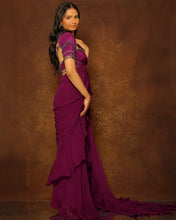 Load image into Gallery viewer, Eggplant Tasseled Ruffle Saree Set