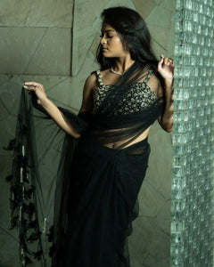 Raven Black Tulle Saree Set