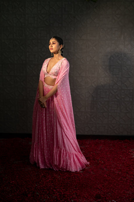 Rose Pink Zinnia Lehenga Cape Set