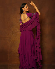 Load image into Gallery viewer, Eggplant Layered Lehenga &amp; Ruffle Dupatta