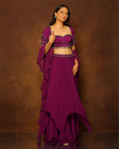 Eggplant Layered Lehenga & Ruffle Dupatta