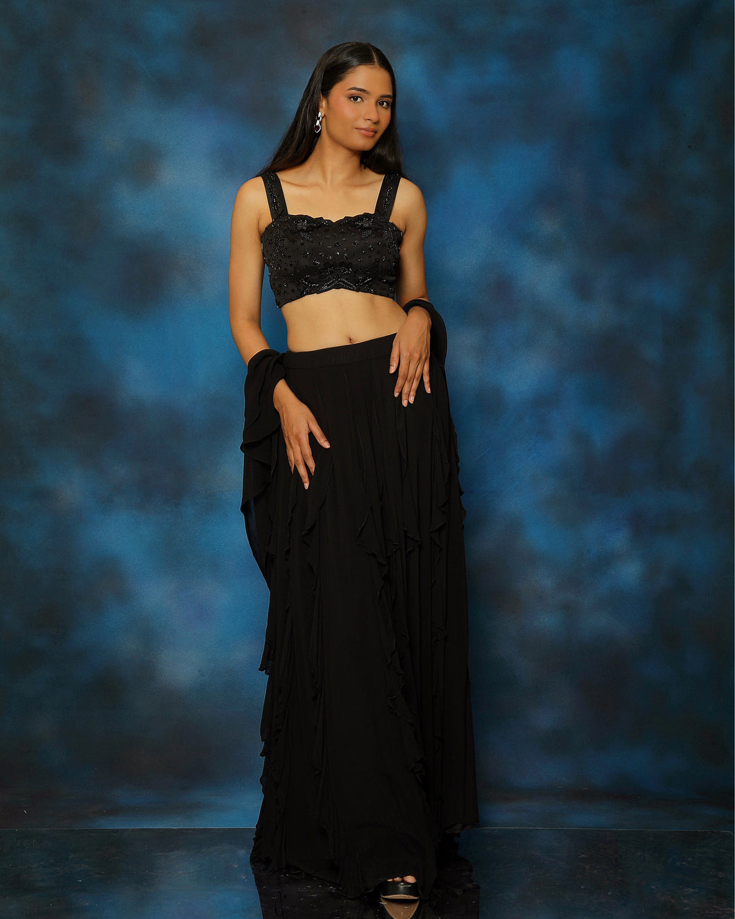 Raven Black Bustier Ruffle Lehenga set