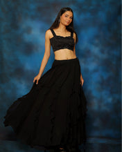 Load image into Gallery viewer, Raven Black Bustier Ruffle Lehenga set