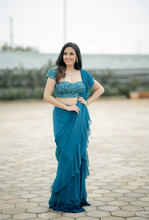 Load image into Gallery viewer, Sadha (Sadaf Mohammed Sayed) in Seagrass Ruffle Saree Set