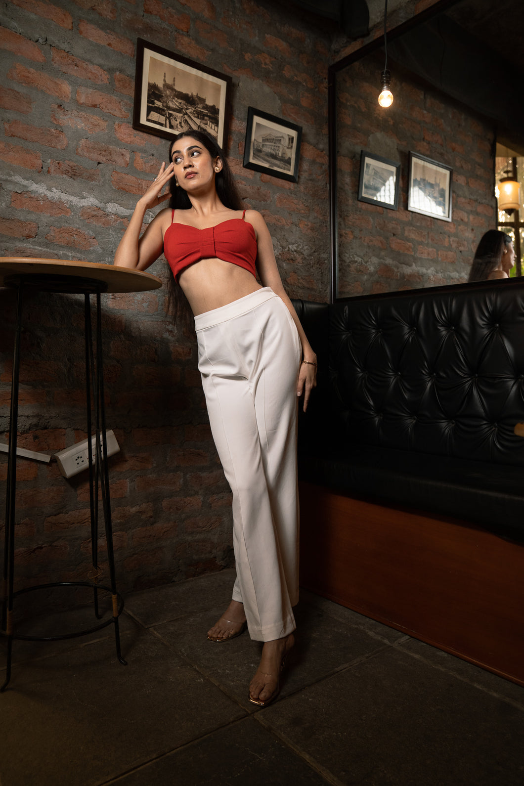 Ruby Red Bustier with Bay Salt Trousers