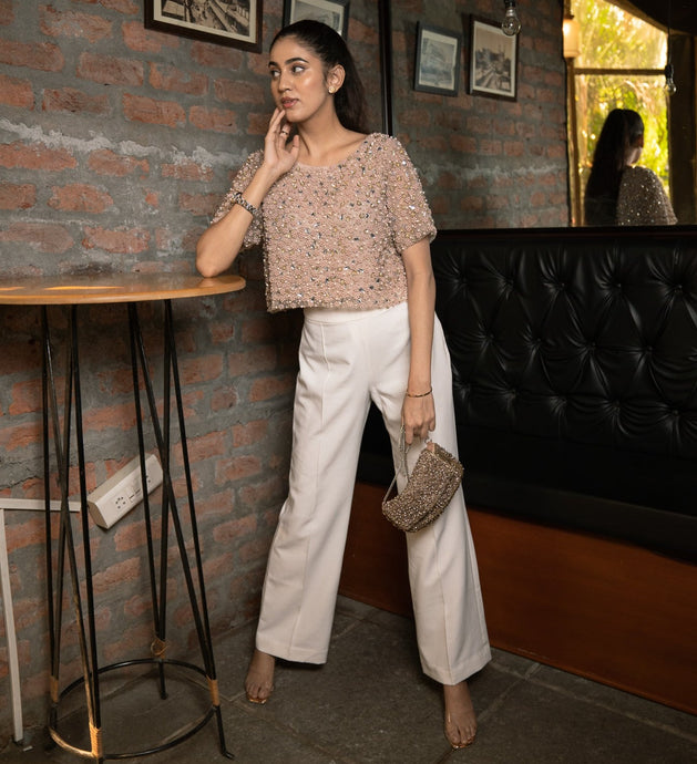 Rosebud Embellished Top with Bay Salt Trousers