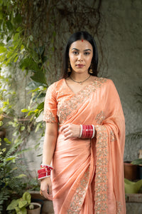 Peach Embellished Saree Set