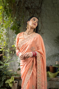 Peach Embellished Saree Set