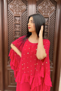 Aarti Singh in Fuchsia Jumpsuit with Ruffle Poncho