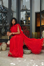 Load image into Gallery viewer, Divya Boppana in Ruby Red Ruffled Saree Set