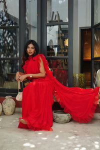 Divya Boppana in Ruby Red Ruffled Saree Set