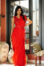 Load image into Gallery viewer, Divya Boppana in Ruby Red Ruffled Saree Set