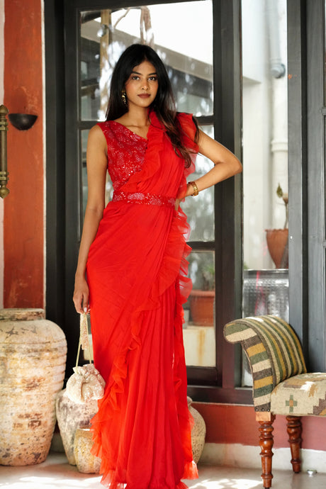 Divya Boppana in Ruby Red Ruffled Saree Set