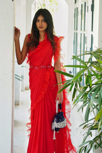 Divya Boppana in Ruby Red Ruffled Saree Set