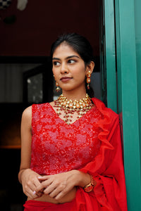 Divya Boppana in Ruby Red Ruffled Saree Set