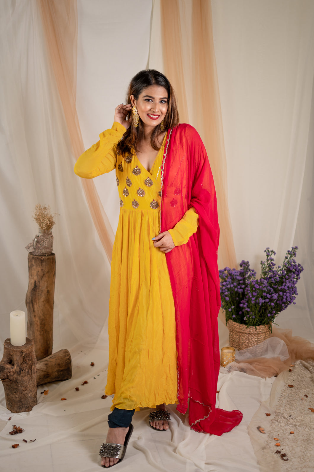 Tuscan Sun Angrakha & Seagrass Chudidar Set with Fuchsia Dupatta