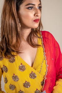 Tuscan Sun Angrakha & Seagrass Chudidar Set with Fuchsia Dupatta