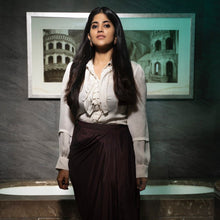 Load image into Gallery viewer, Megha Akash in Bay Salt Shirt &amp; Mahogany Drape Skirt