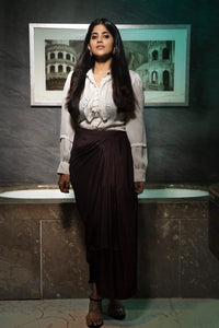 Megha Akash in Bay Salt Shirt & Mahogany Drape Skirt